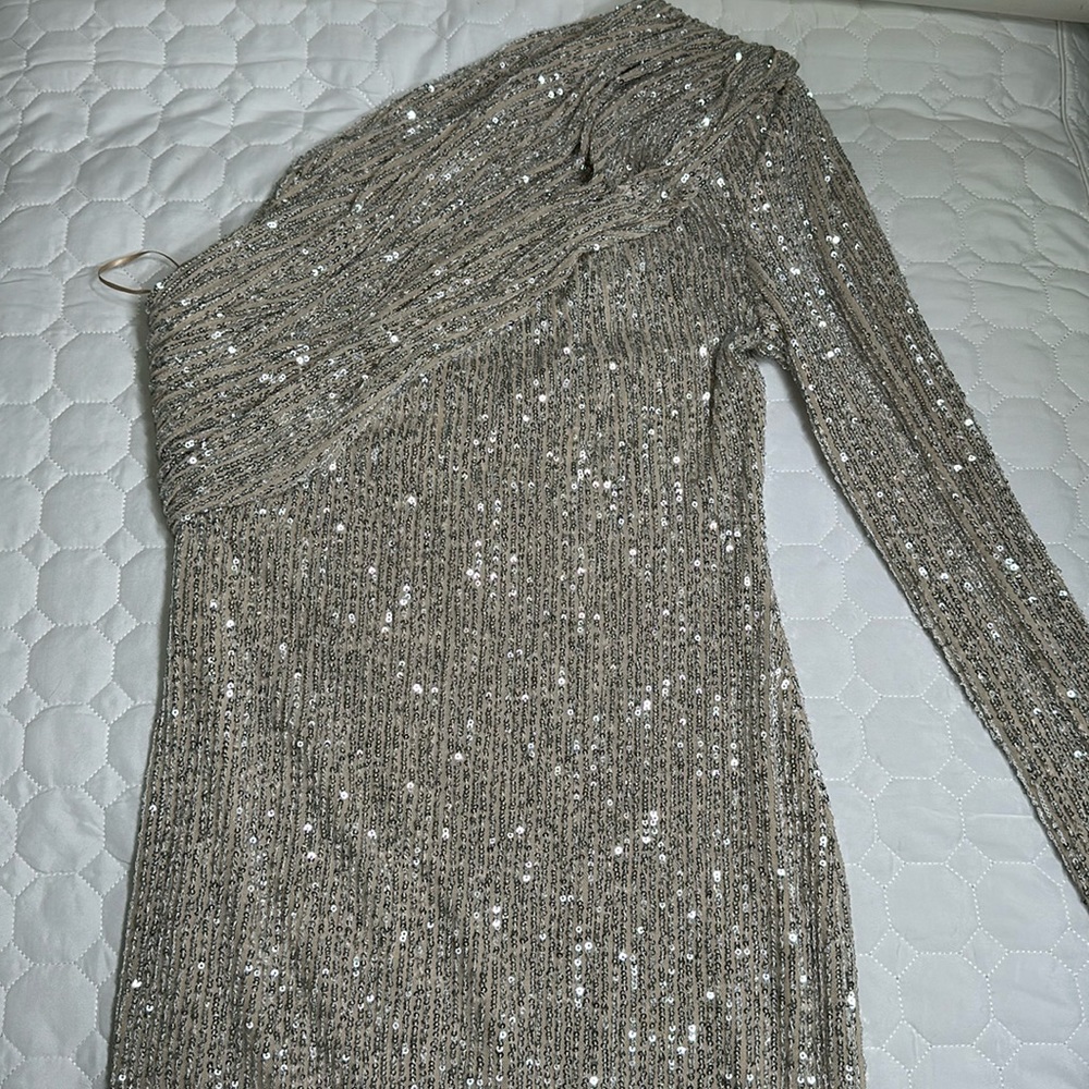 Luxedress Sparkly One Shoulder Long Sleeve Bodycon Midi Dress